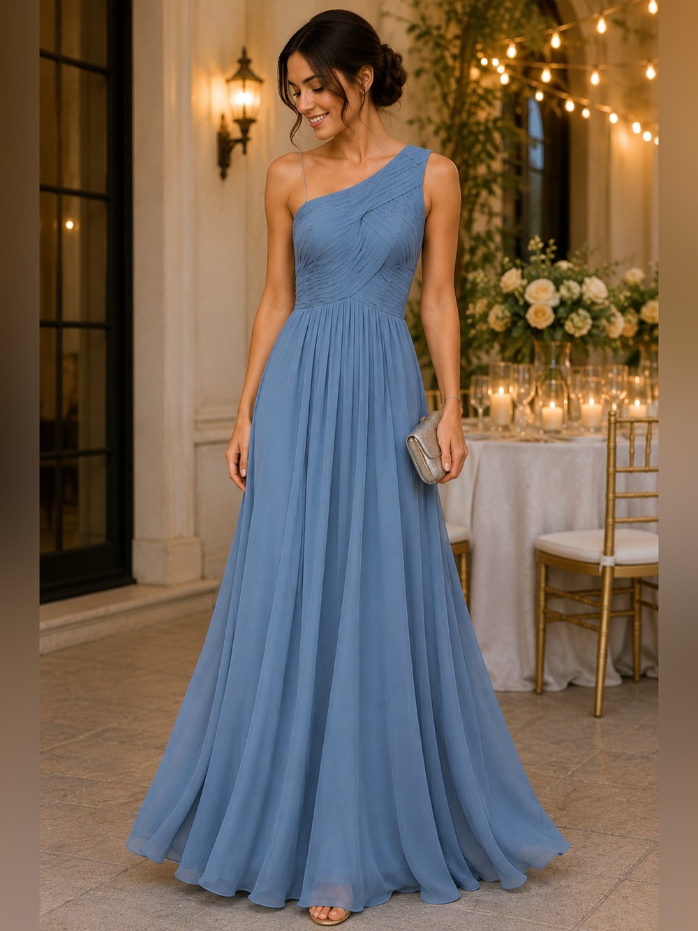 NWT STACEES Dusty Blue One-Shoulder chiffon Bridesmaid Formal Maxi Dress US 4
